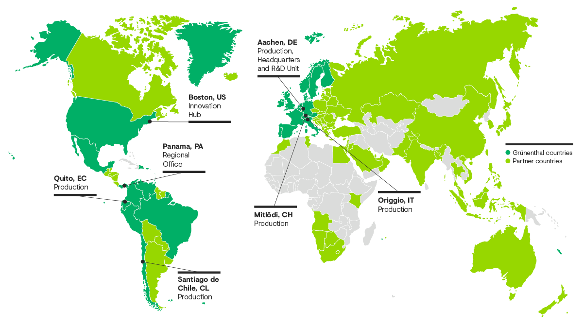 Mappa delle filiali Grünenthal in tutto il mondo, con una panoramica dei siti di produzione e delle sedi dei nostri partner.