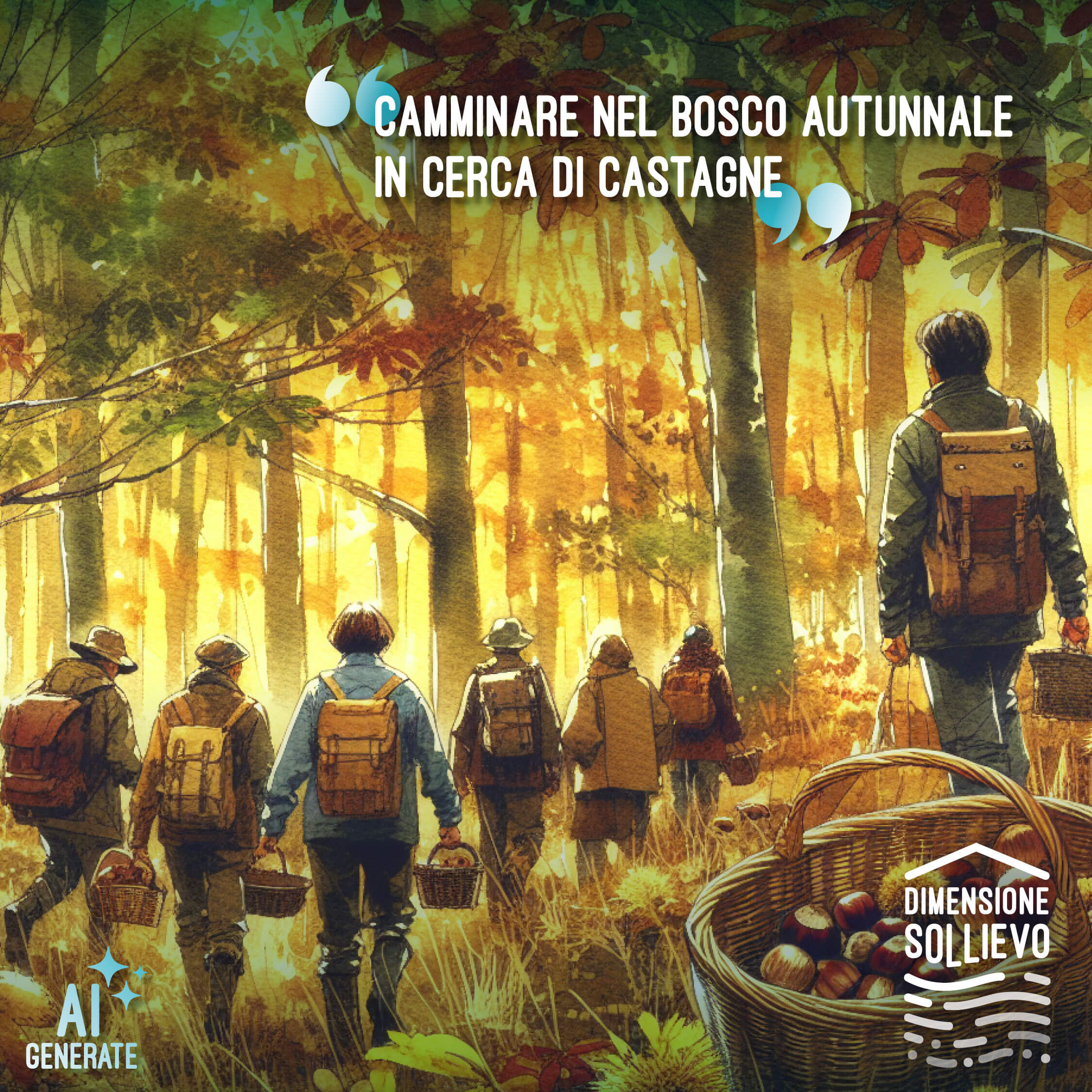 Camminare nel bosco autunnale in cerca di castagne