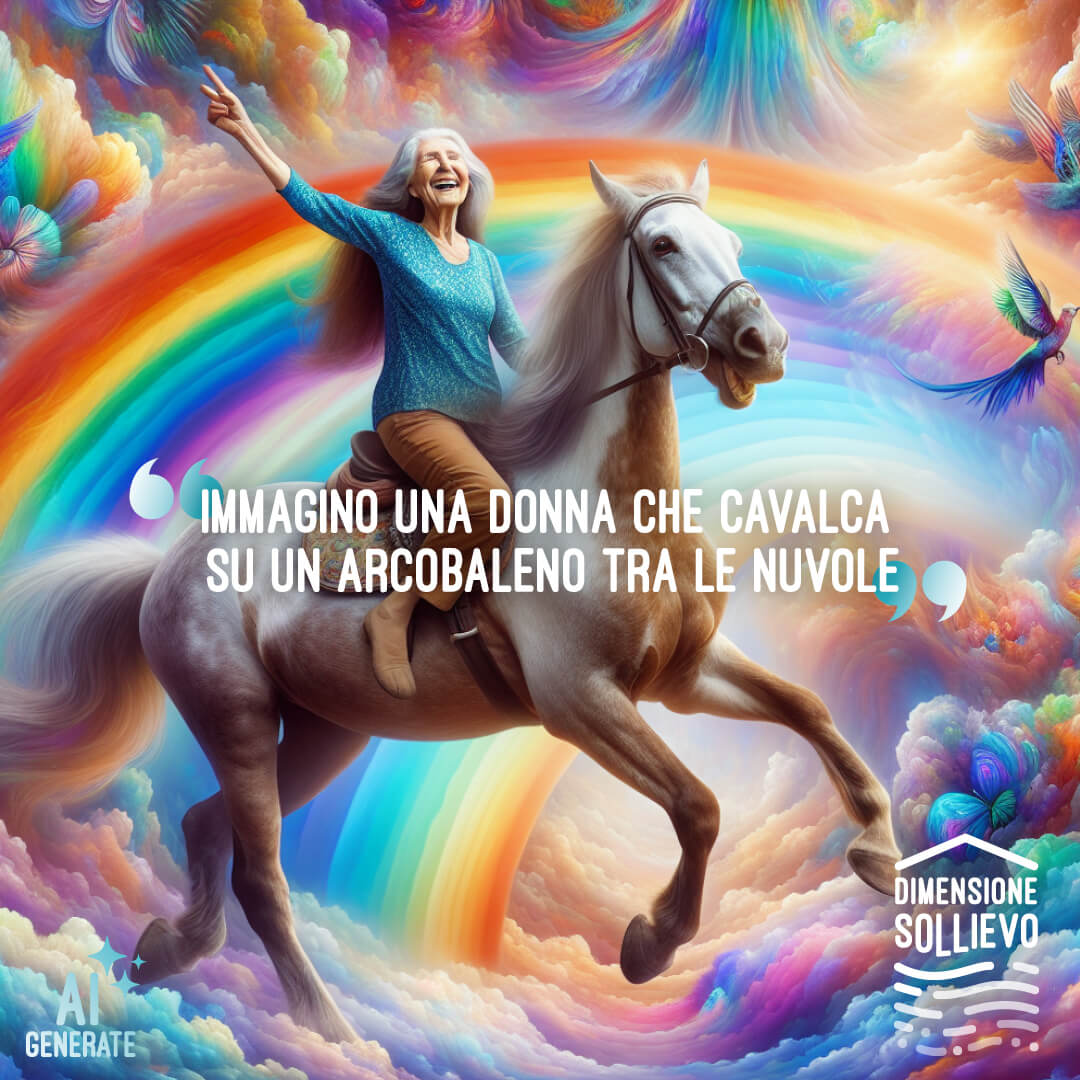Immagino una donna che cavalca su un arcobaleno